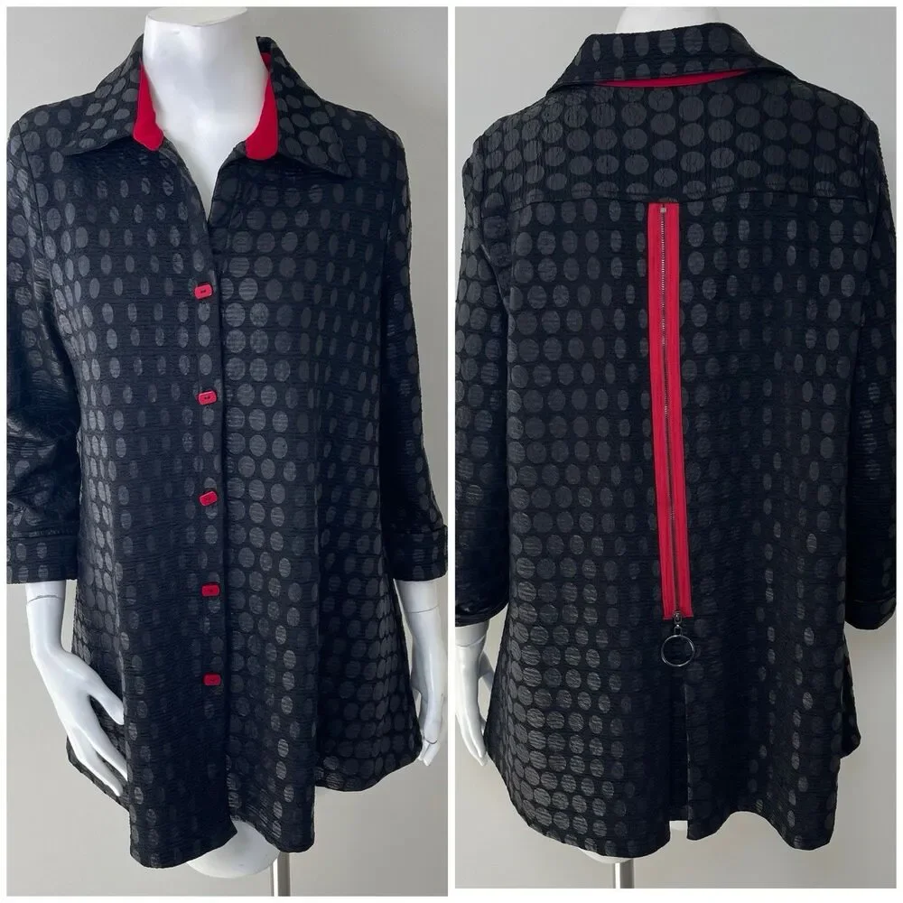 IC by Connie Mid Length Swing Light Jacket 10 Black Red Evening Office Artsy
